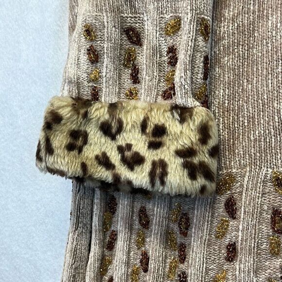 STORYBOOK KNITS Cardigan Sweater Women's 2X Tan Faux Fur Animal Print Trim - Picture 5 of 13